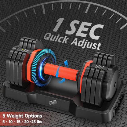 Adjustable Dumbbell Set with Anti-Slip Handle, 25LB per Pair, 5-in-1 Weights (5/10/15/20/25LB) - Ideal for Home Gym Workouts